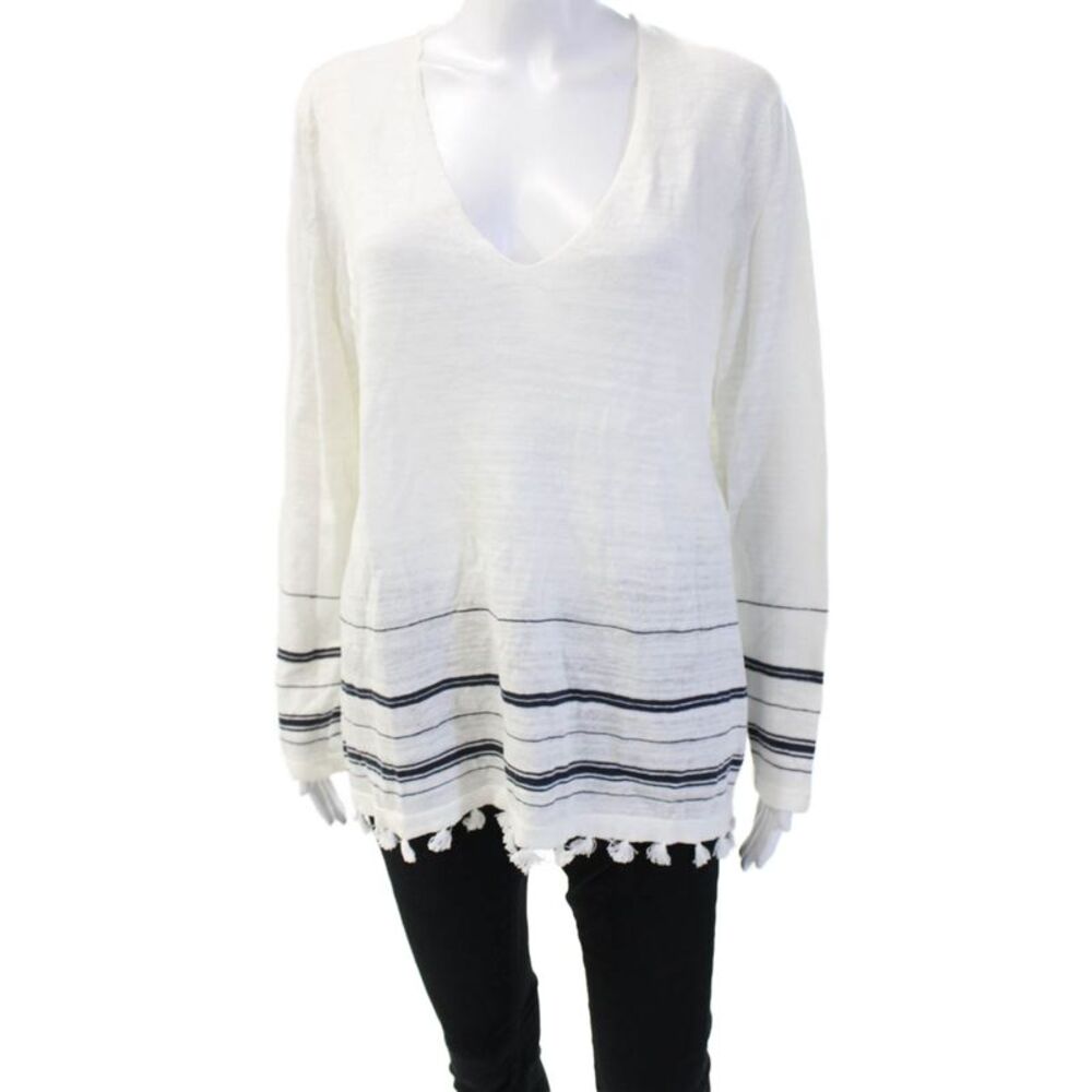 White Label Women Tunic White Linen Striped V-Neck Long Sleeve Beach Size 10